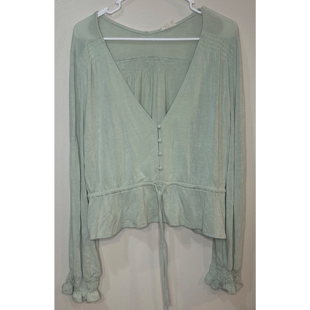 POL‎ Sage Green Smocked Button Front Peplum Tie Waist Long Sleeve Blouse M